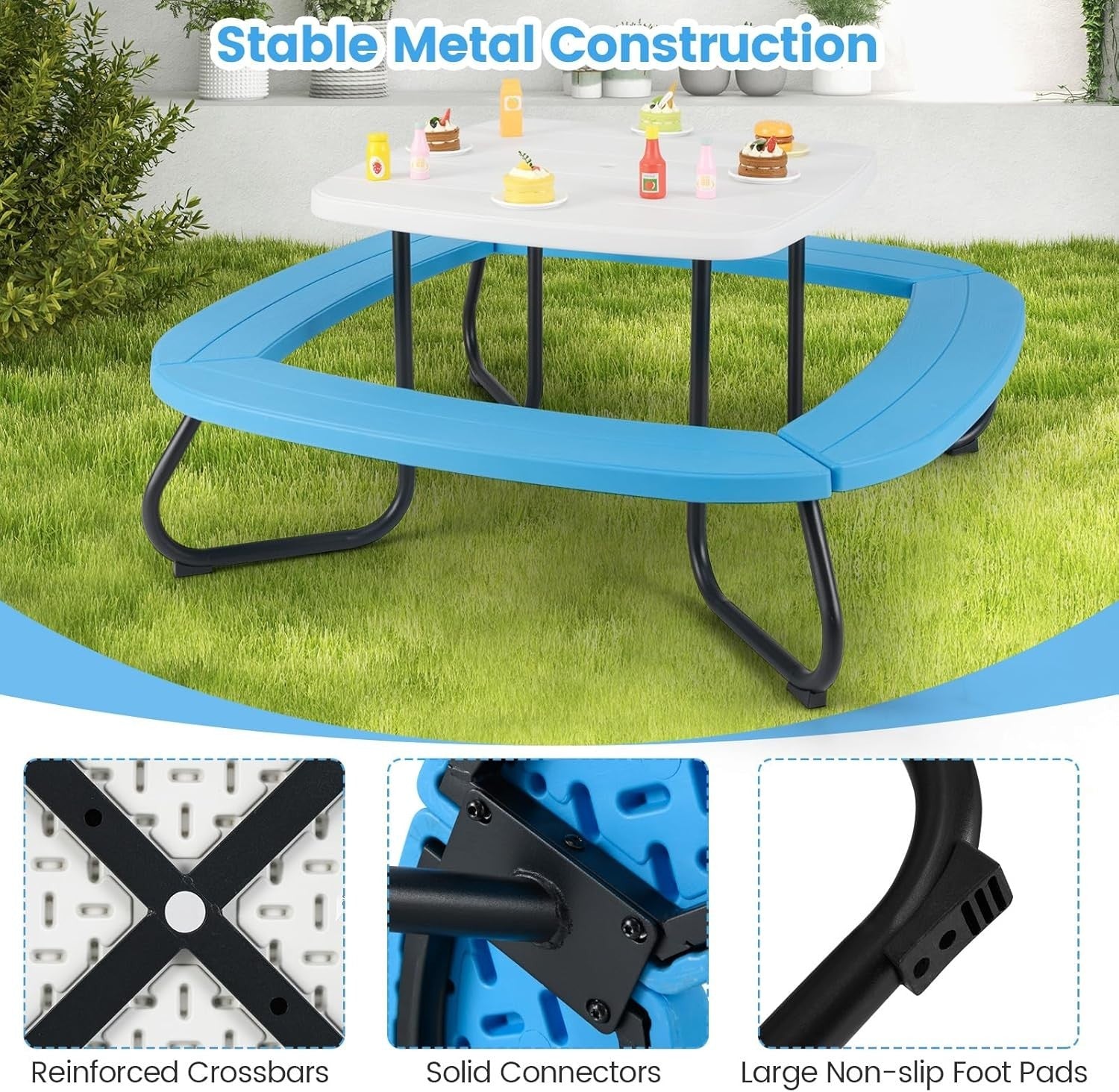 Kids Picnic Table Set 8-Seater with Adjustable Umbrella, Outdoor Garden Fun