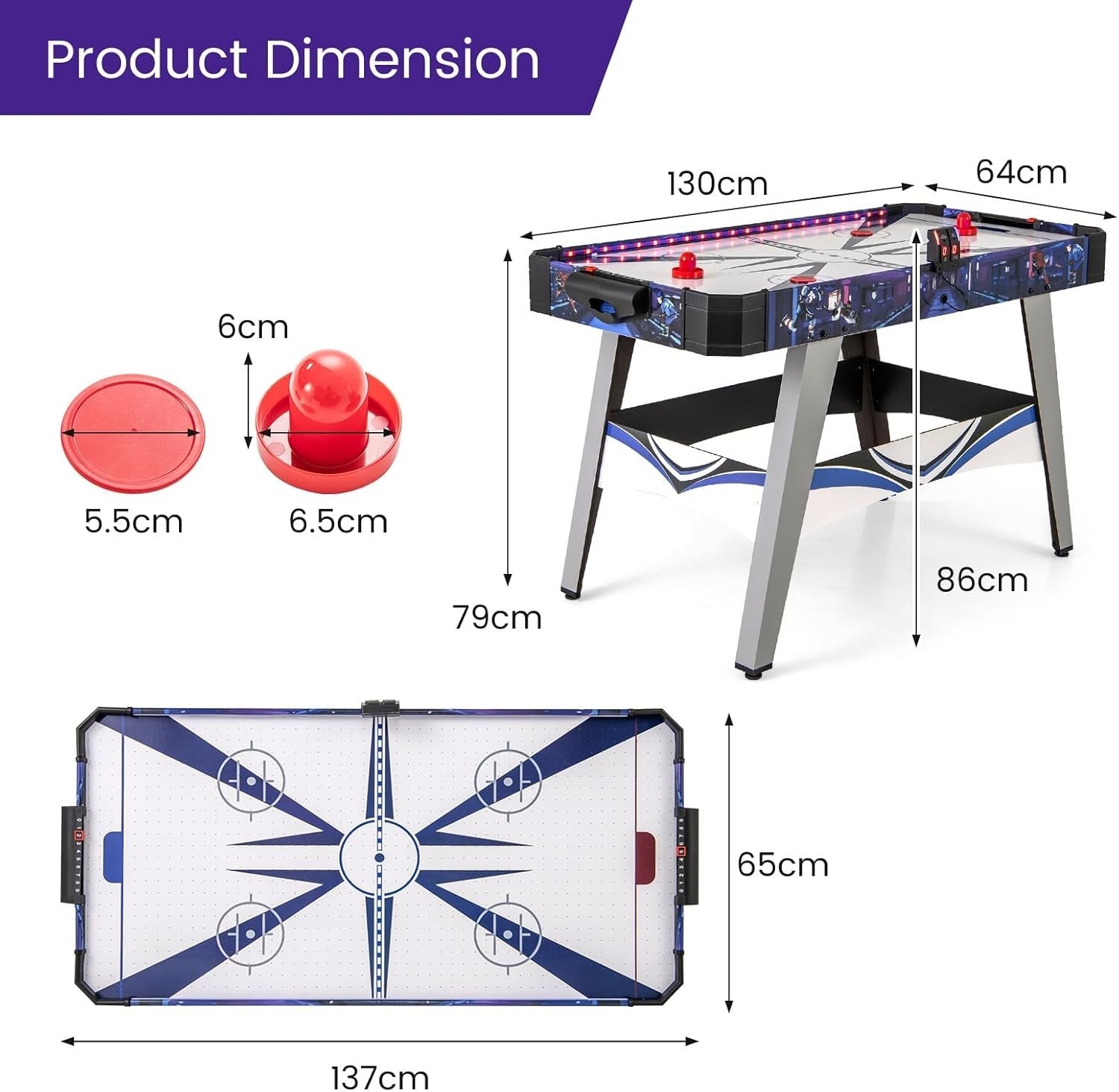 54 Inch Air Hockey Table LED Light Up 12V Motor Arcade Game Indoor
