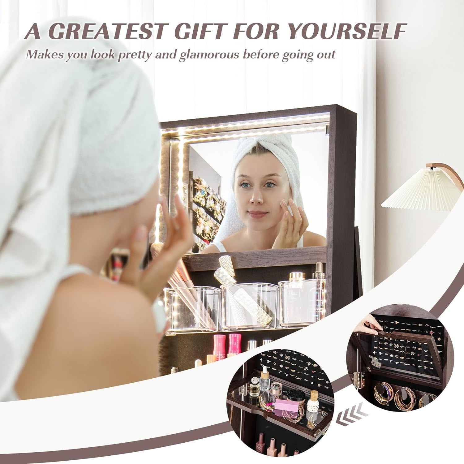 360° Swivel Jewelry Armoire Lockable Full Length Mirror LED Storage