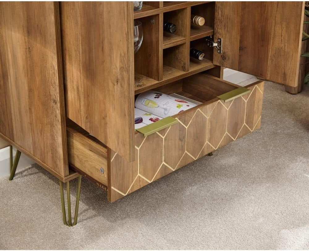 Modern Gold Bar Cabinet with Wine Rack & Drawer | Home Drinks Sideboard Unit