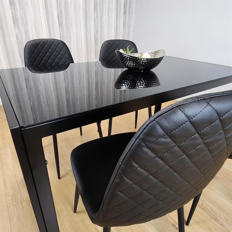 Black Glass Dining Table Set with 4 Leather Chairs Modern Italian Design