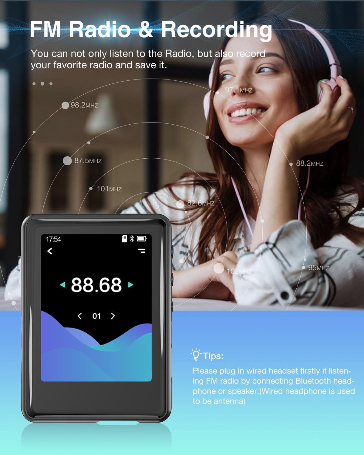 Bluetooth 5.3 MP3 Player 16GB Touch Screen FM Speaker 256GB