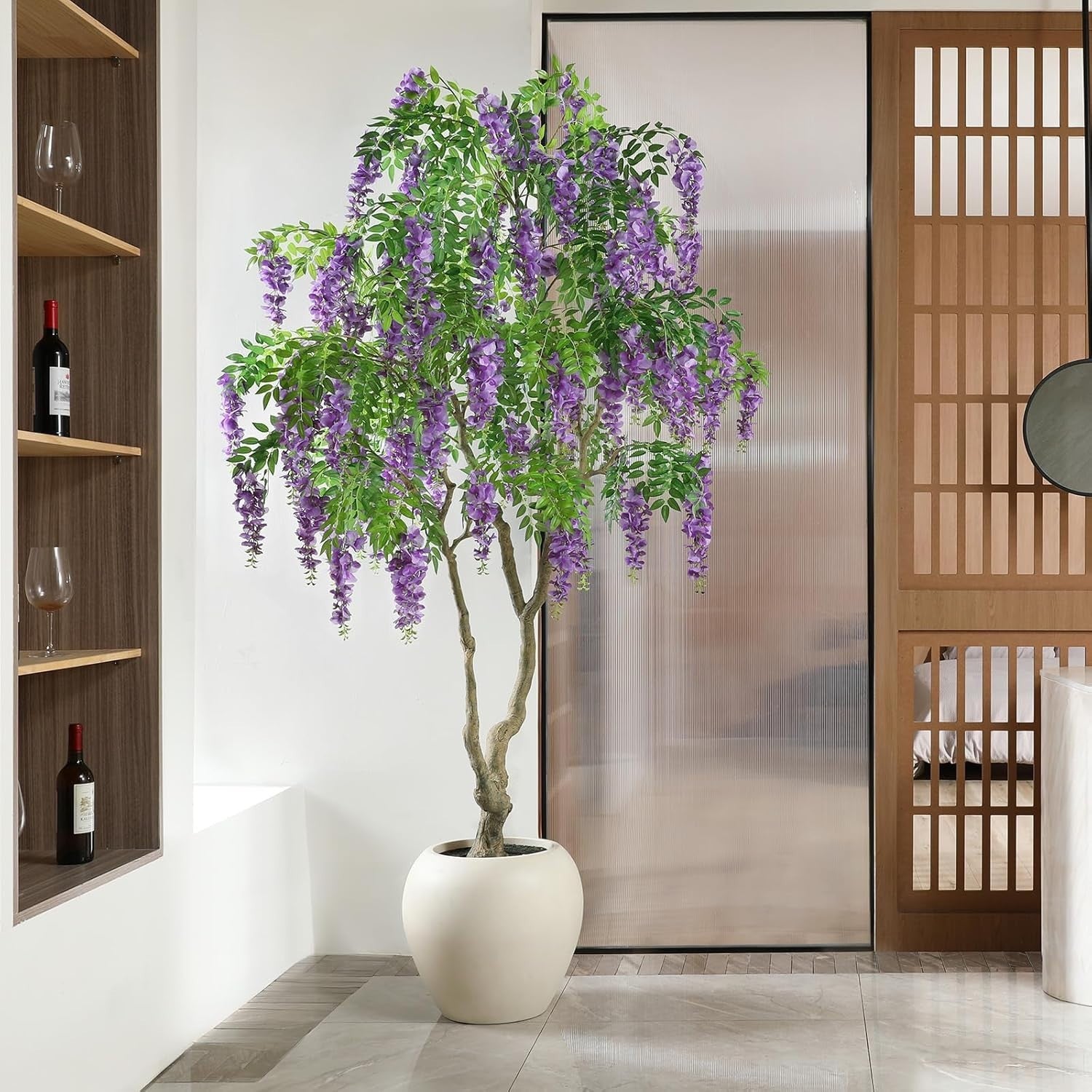 8ft Artificial Wisteria Tree in White Planter Faux Blooming Purple Indoor Decor