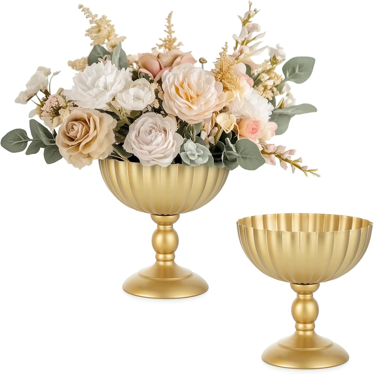 Gold Urn Wedding Centrepiece Vase Pair – 20cm Metal Flower Table Decor