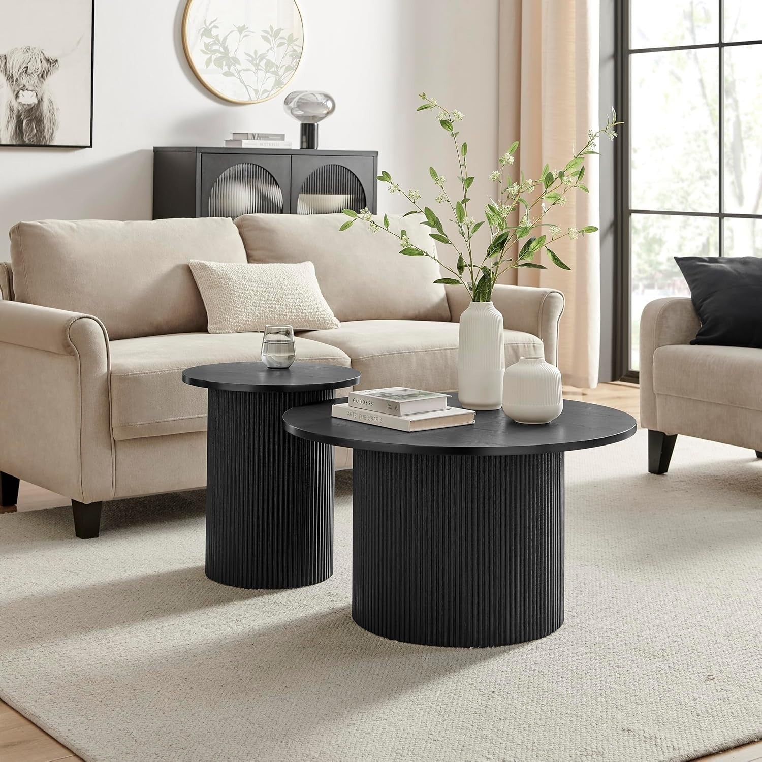 Modern Black Round Side Table 60cm Pedestal End Table Minimalist Style