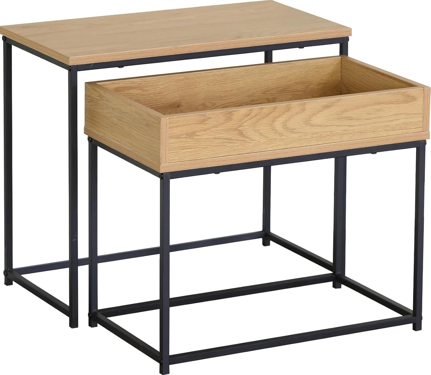 2 Nesting Side Tables Coffee Bedside Modern Steel Frame Melamine Top Black/Oak