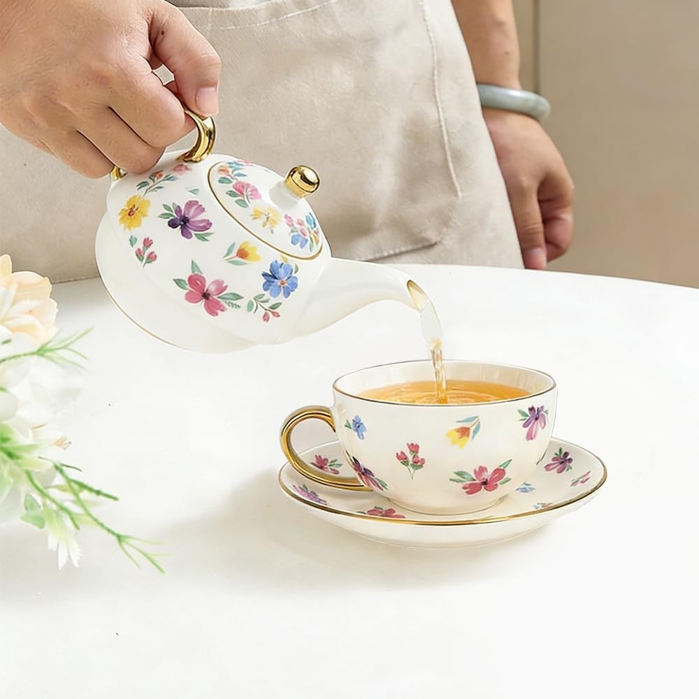 Tea for One Set Floral Teapot Cup Saucer Gold Trim Porcelain Gift Set