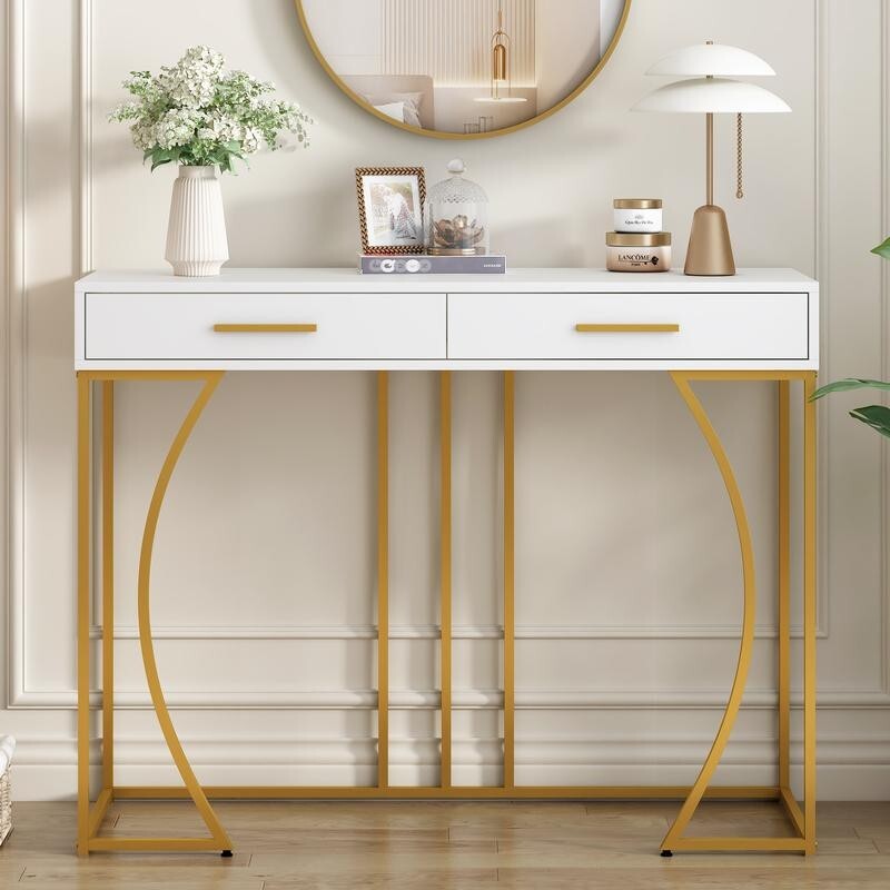 Modern White & Gold Console Table with 2 Drawers – 110cm MDF Metal Frame