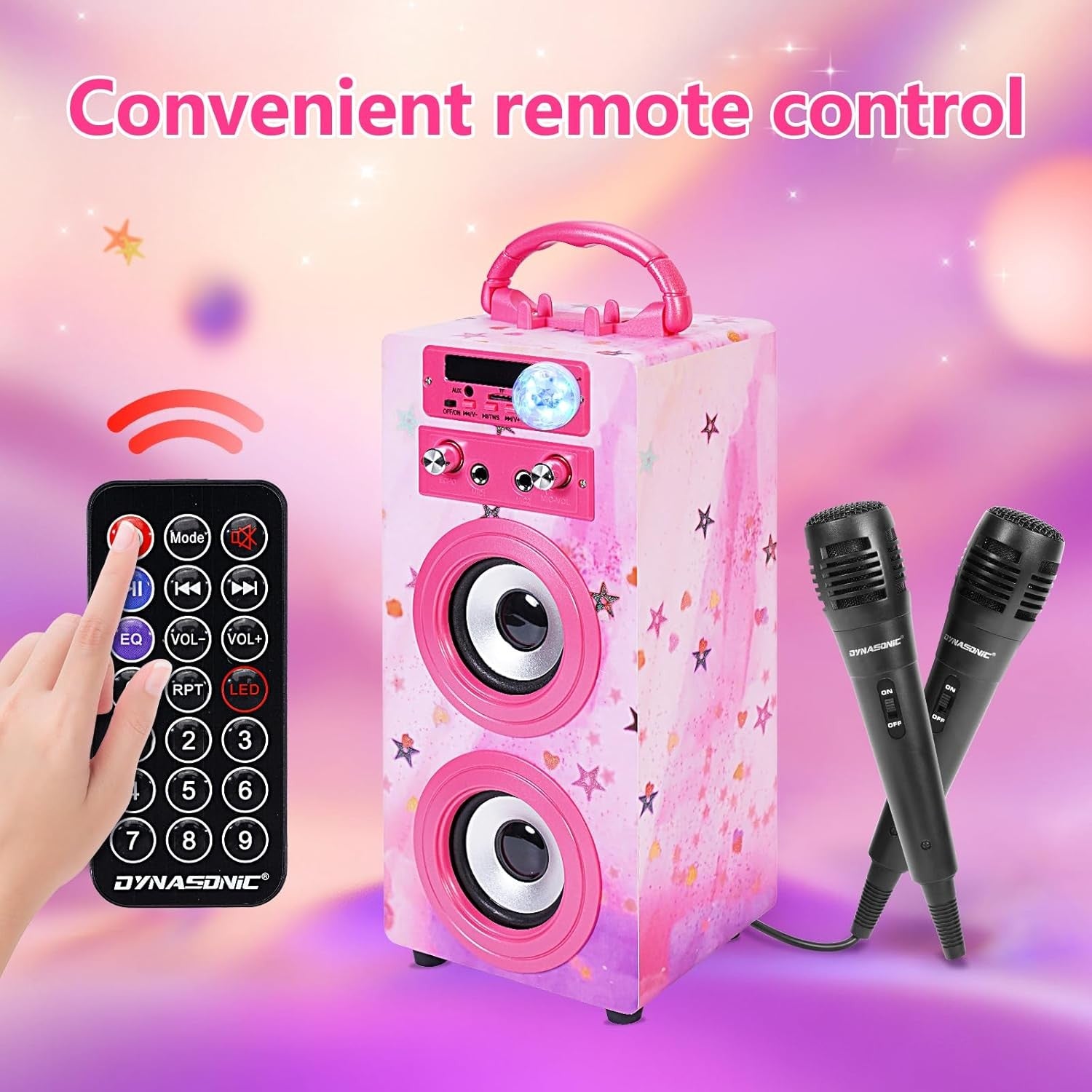 DYNASONIC Karaoke Machine Bluetooth 2 Mics LED Lights Kids Teens