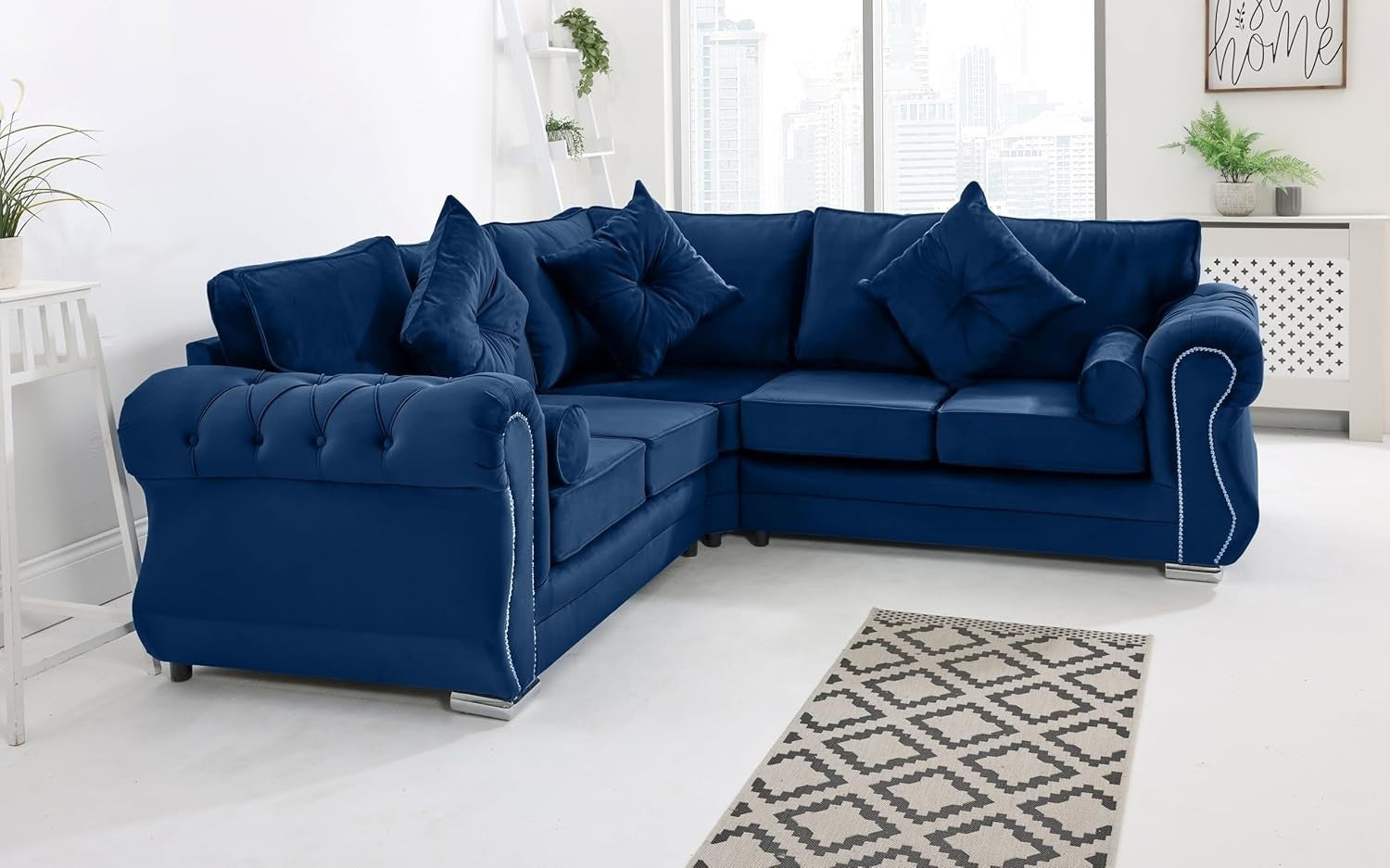 Blue Plush Velvet Corner Sofa 5 Seater with Foam Cushions & Chrome Feet