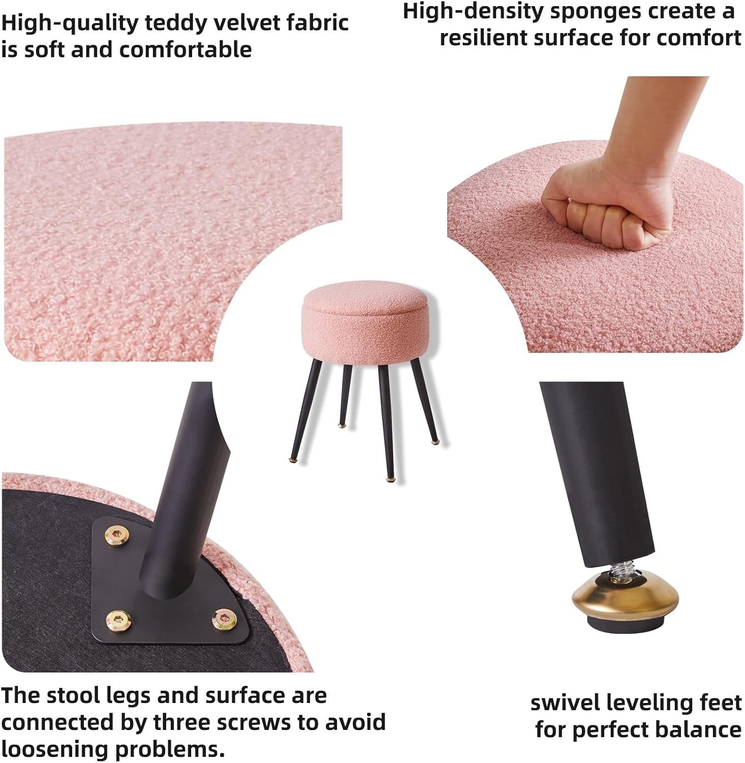 Pink Round Teddy Fur Vanity Stool with Storage – Soft Ottoman Seat