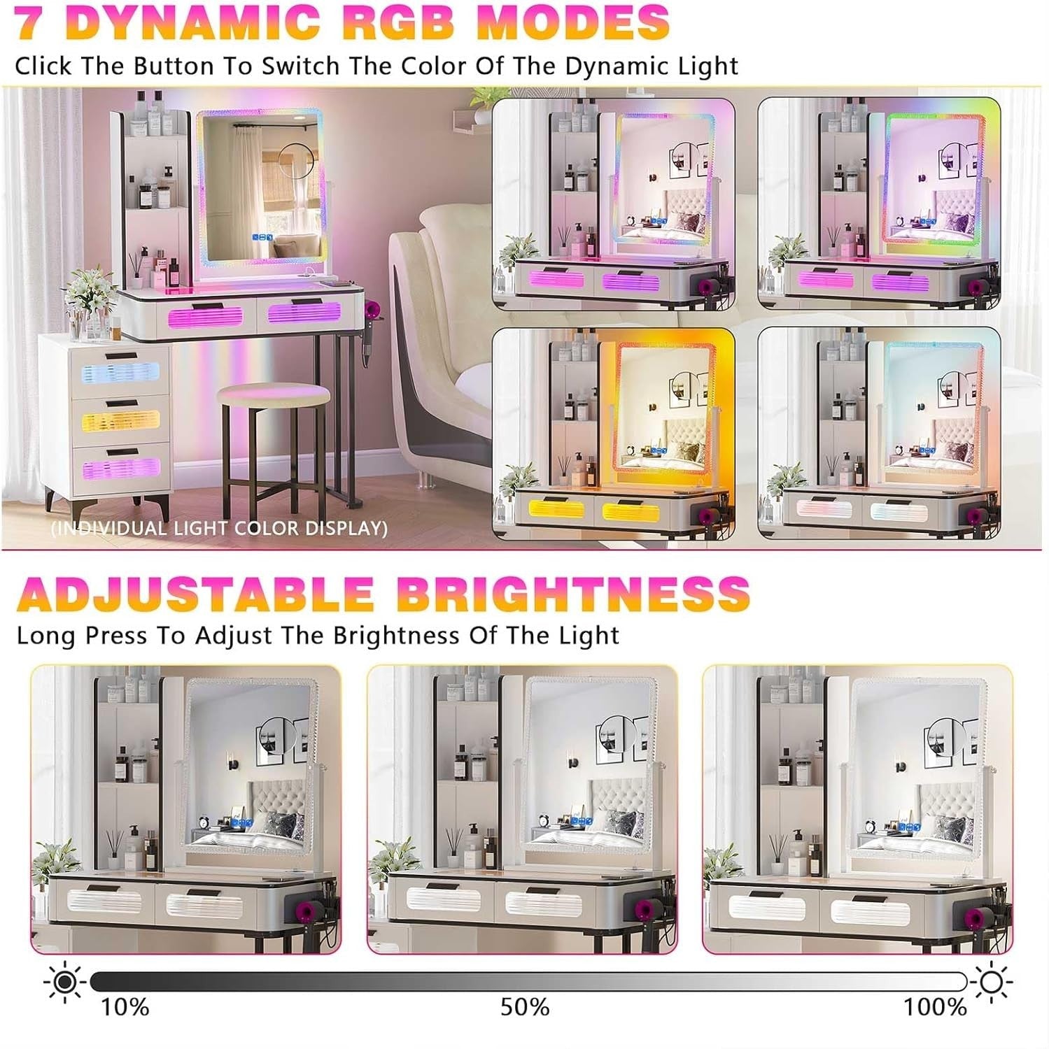 White Vanity Dressing Table Set 10 LED Lights Storage Shelf Cabinet & Gold Handl