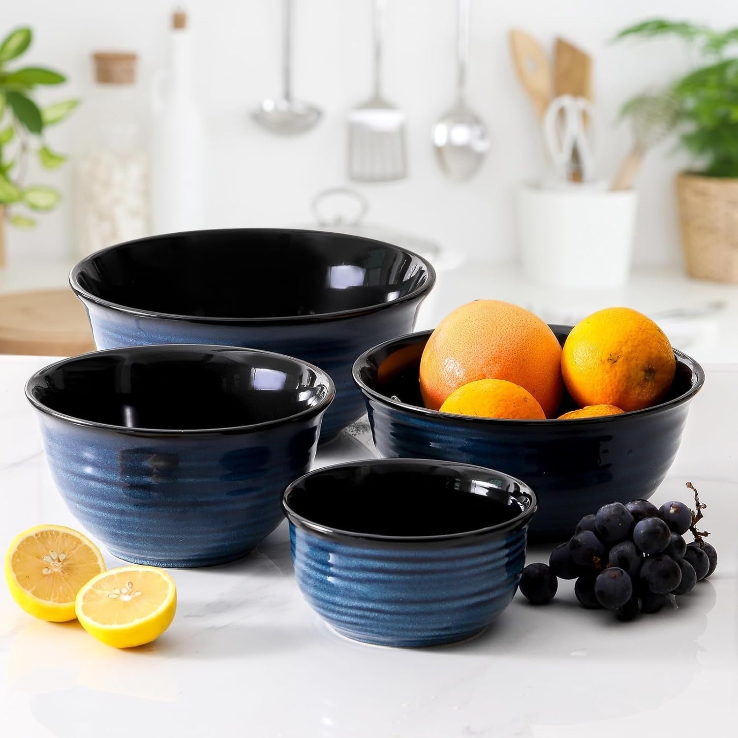 4 Pcs Blue Ceramic Mixing Bowls Microwave Oven Safe Nesting Set