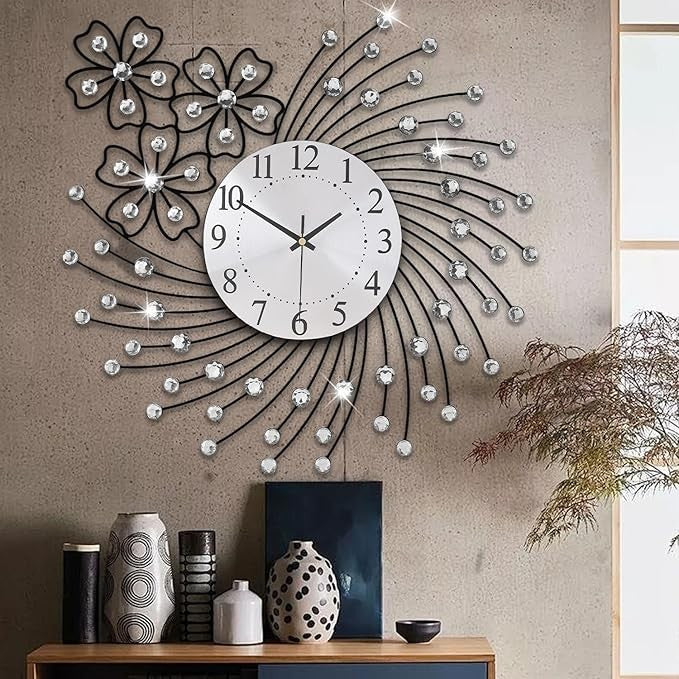 Large 50cm Silver Crystal Wall Clock Silent Modern Luxury Metal Round Decor