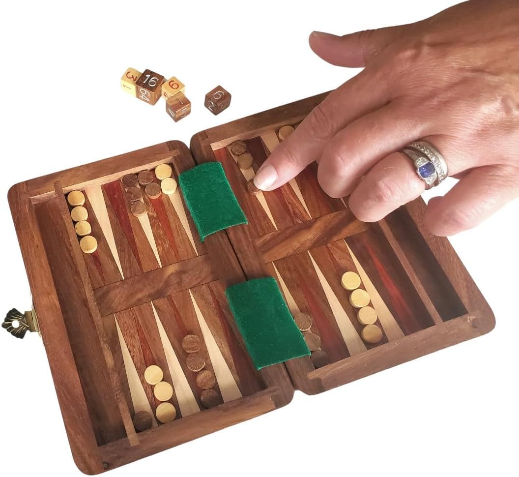 Travel Backgammon Wooden Folding Board Mini Portable 2 Player Game