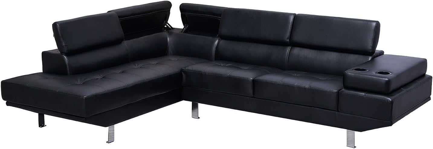 Adjustable Headrest Black Bonded Leather L-Shape Corner Sofa with Cup Holders