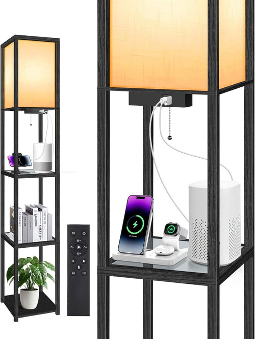 Floor Lamp with Shelves LED Dimmable Remote USB Storage Column Light Black