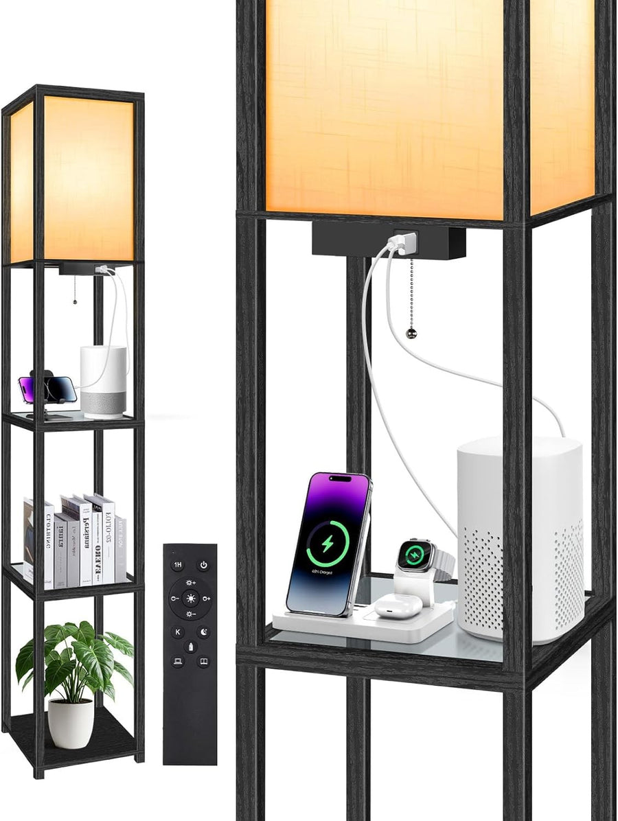 Floor Lamp with Shelves LED Dimmable Remote USB Storage Column Light Black