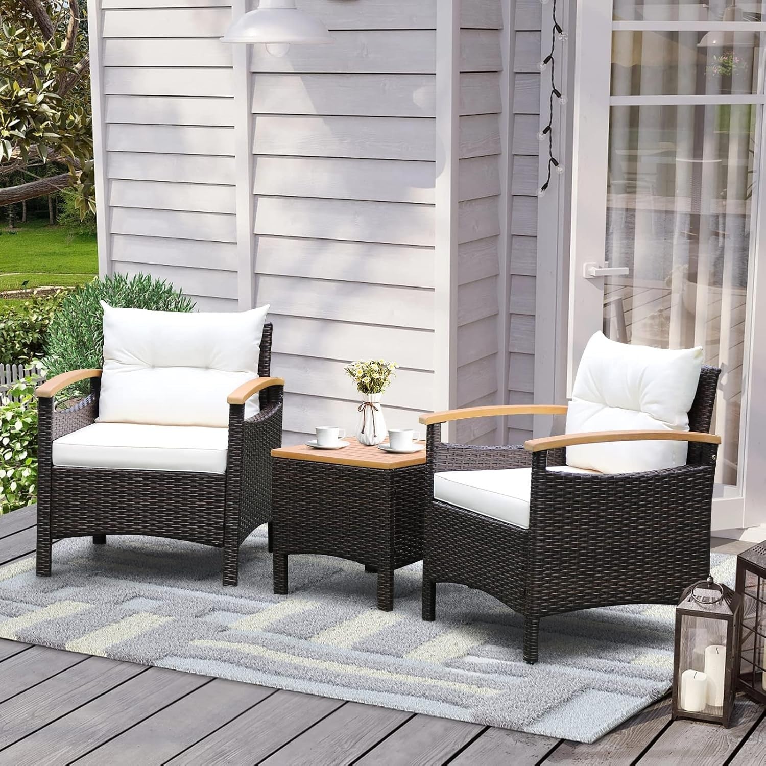 3-Piece Outdoor Rattan Sofa Set with Cushions & Acacia Wood Table Patio Garden