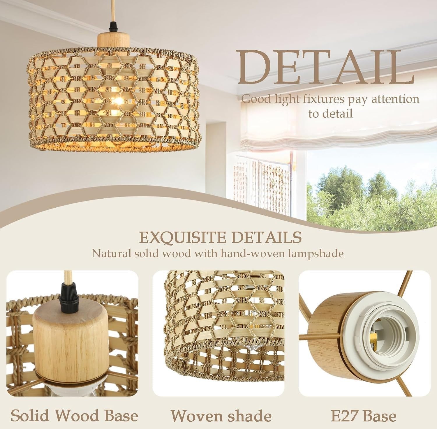 Rattan Pendant Light Shade 30cm Boho Woven Ceiling Lamp E27