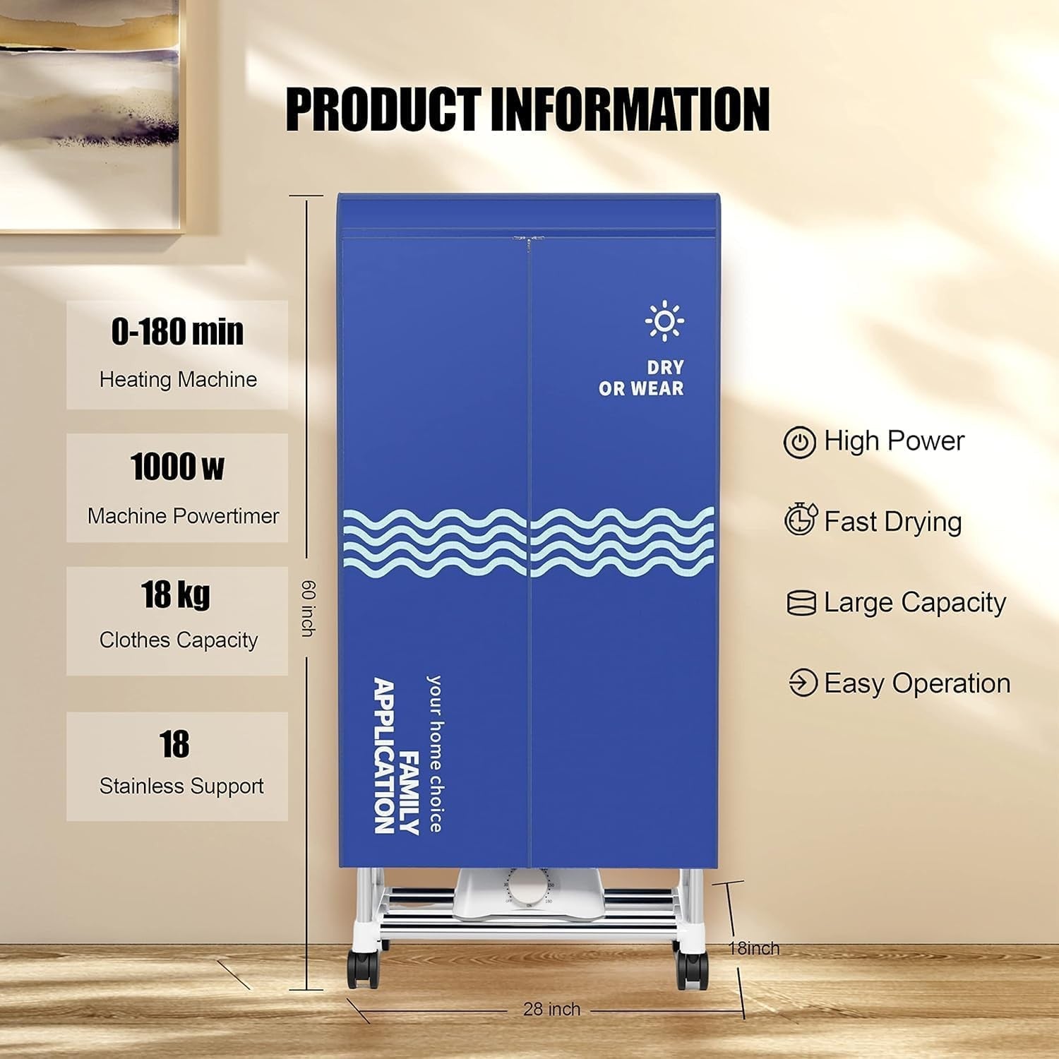 Portable Clothes Dryer Cabinet Electric Drying Wardrobe 15kg Timer