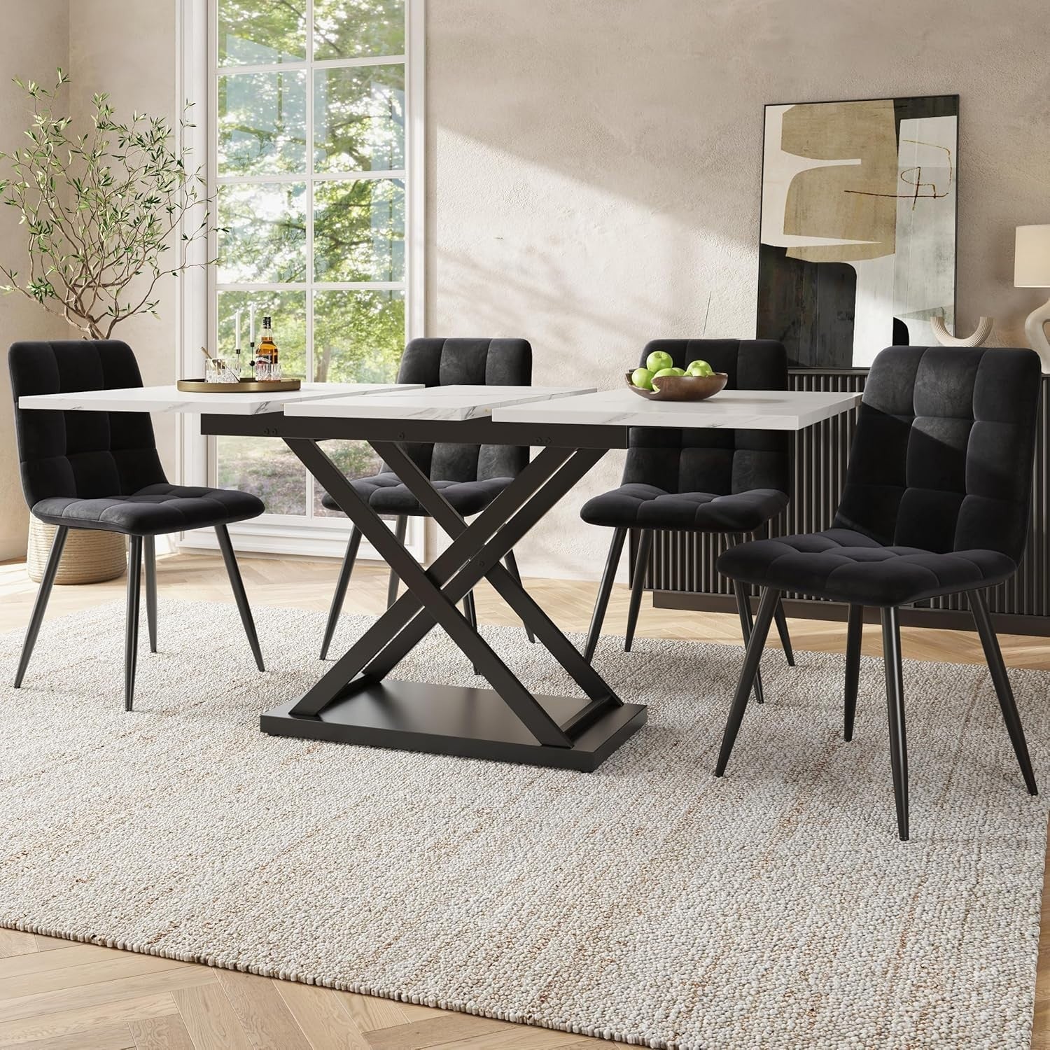 Extendable White Marble Dining Table Set 4 Velvet Chairs Modern 160cm