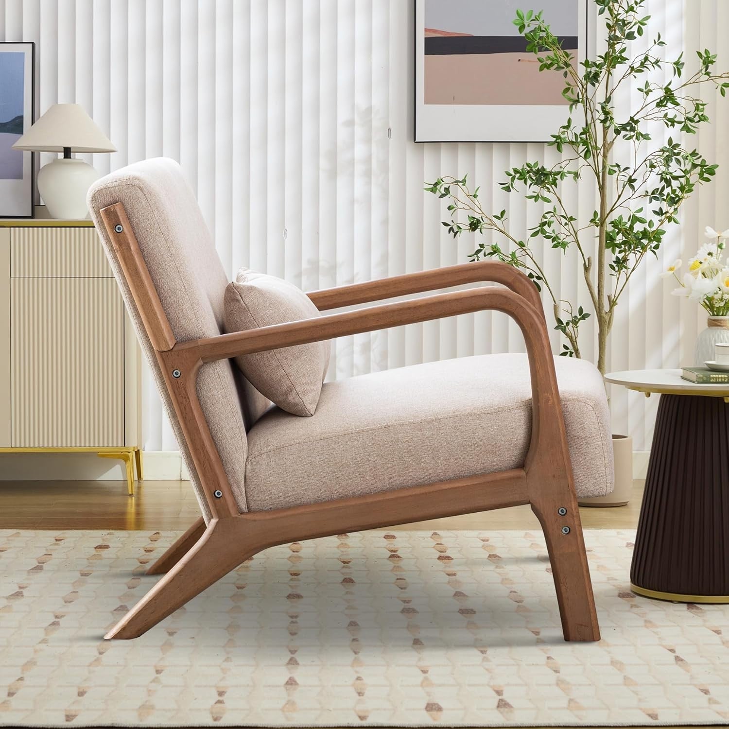 Beige Mid-Century Armchair with Lumbar Cushion | Solid Wood Lounge Chair