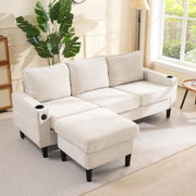 3 Seater L Shape Sofa Bed Beige w/ Chaise, USB, Storage Ottoman, Linen