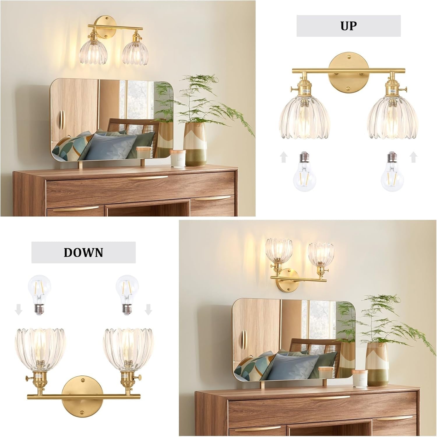 2-Light Clear Glass Wall Sconce Vanity Light Brass Fixture for Bathroom