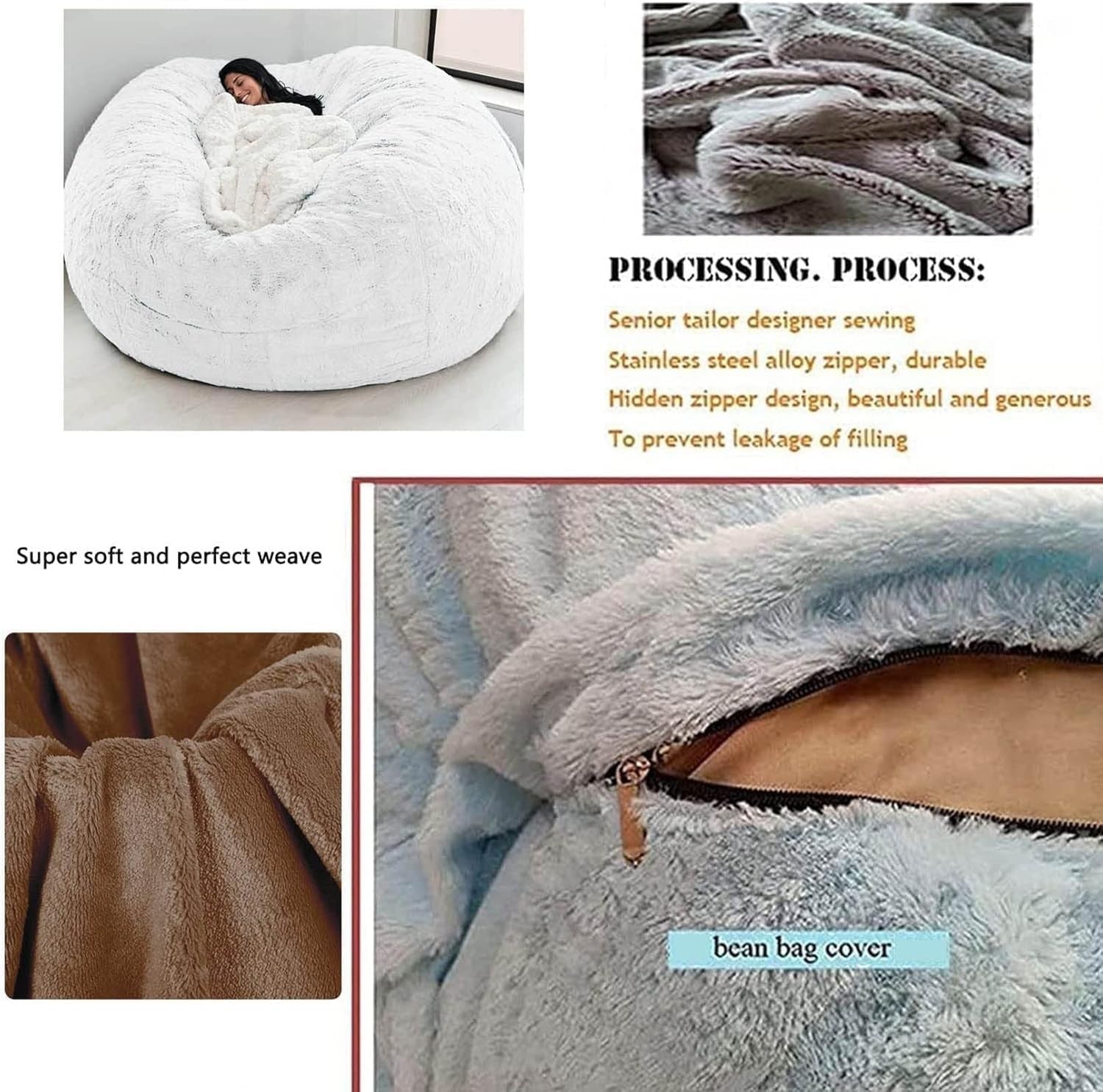 5.5ft Faux Fur Bean Bag Cover – XL Fluffy Seat for Adults Lounge Room