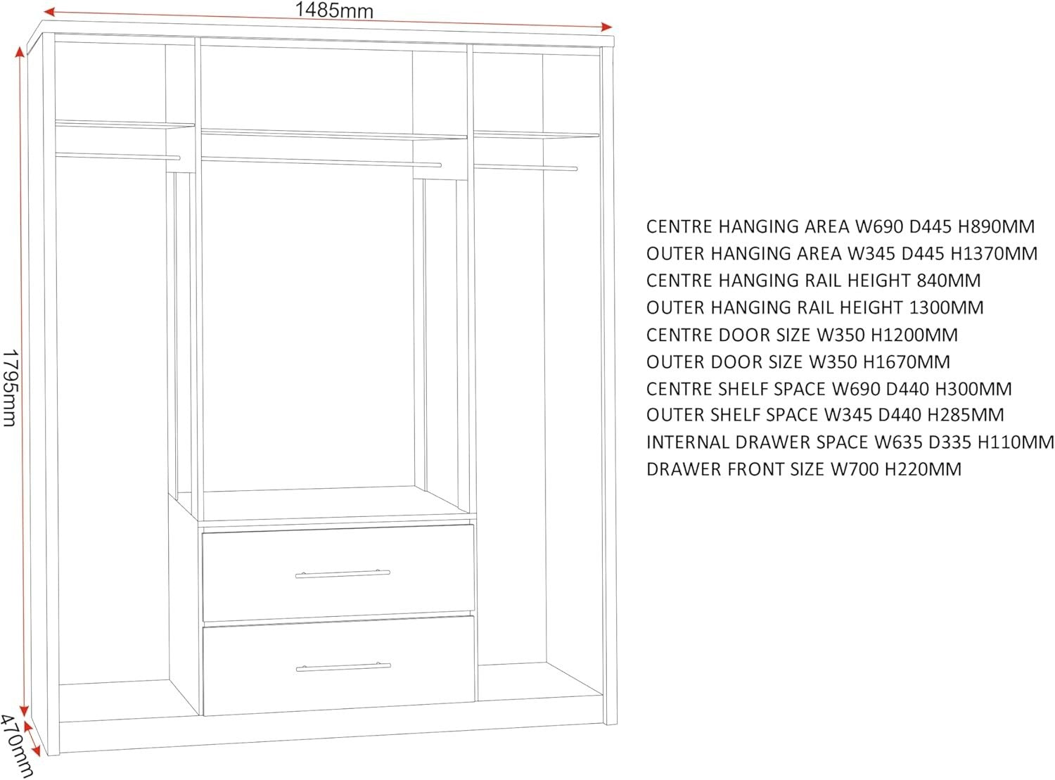 White Gloss 4 Door Wardrobe with 2 Drawers Oak Effect – Spacious & Lockable