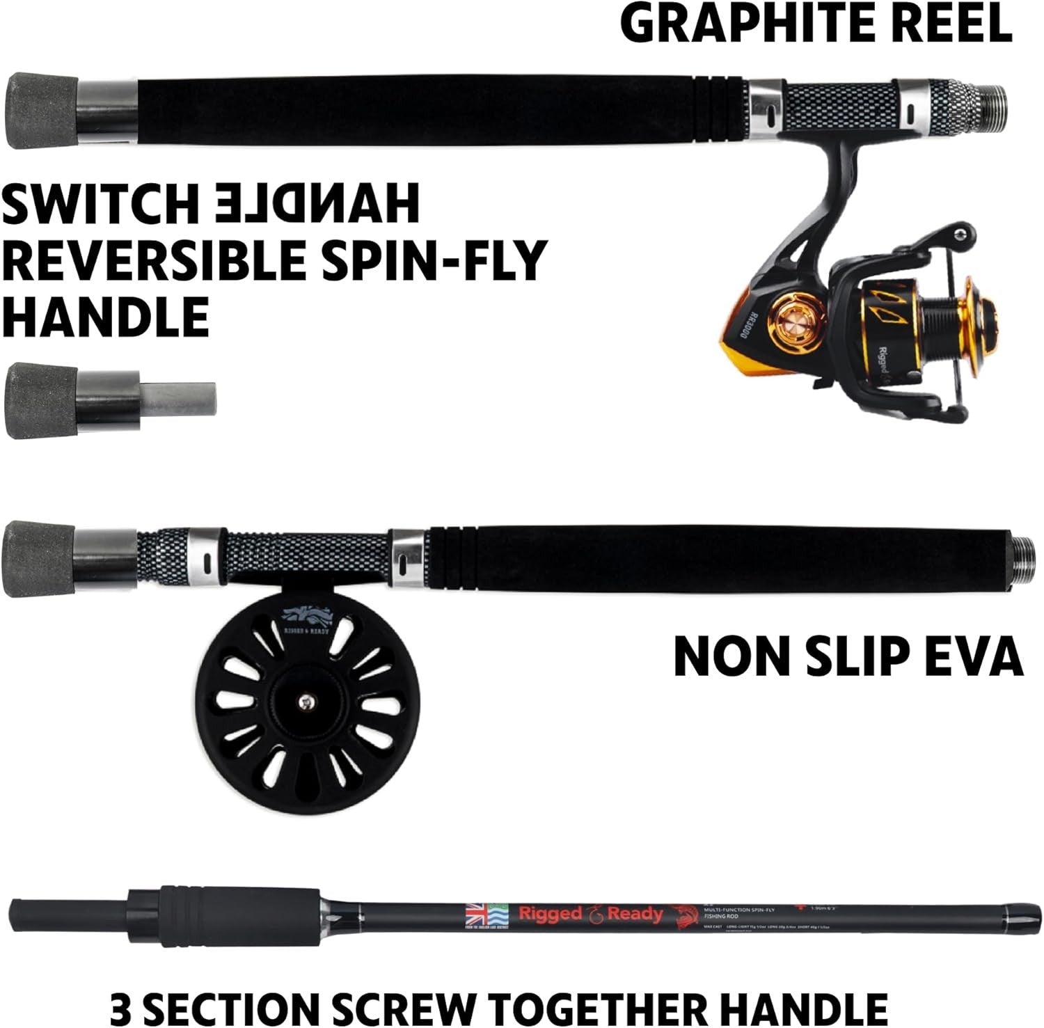 Travel Fishing Rod & Reel Set 5-in-1 Multi-Tech Spin, Fly, Salt & Fresh
