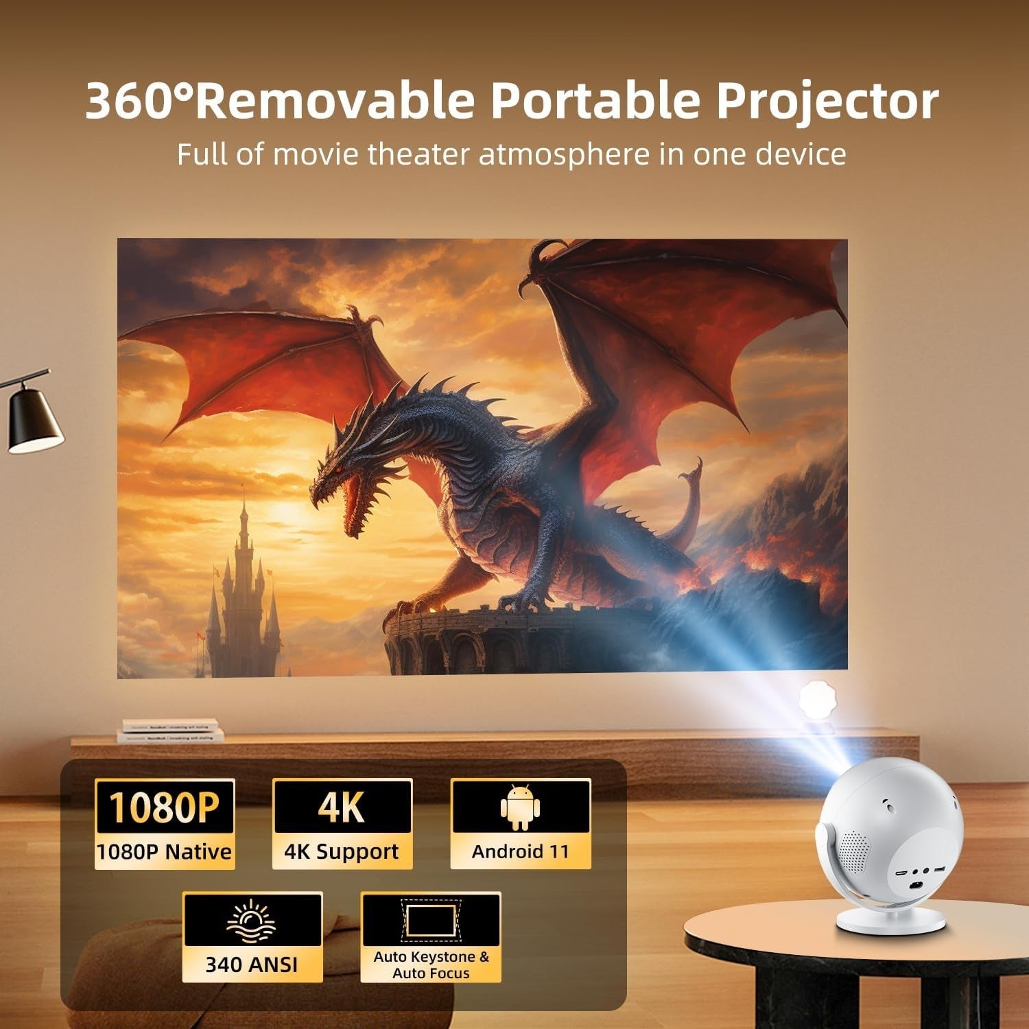 Android Projector 1080P 4K Ready WiFi 6 Bluetooth Auto Focus Home Cinema
