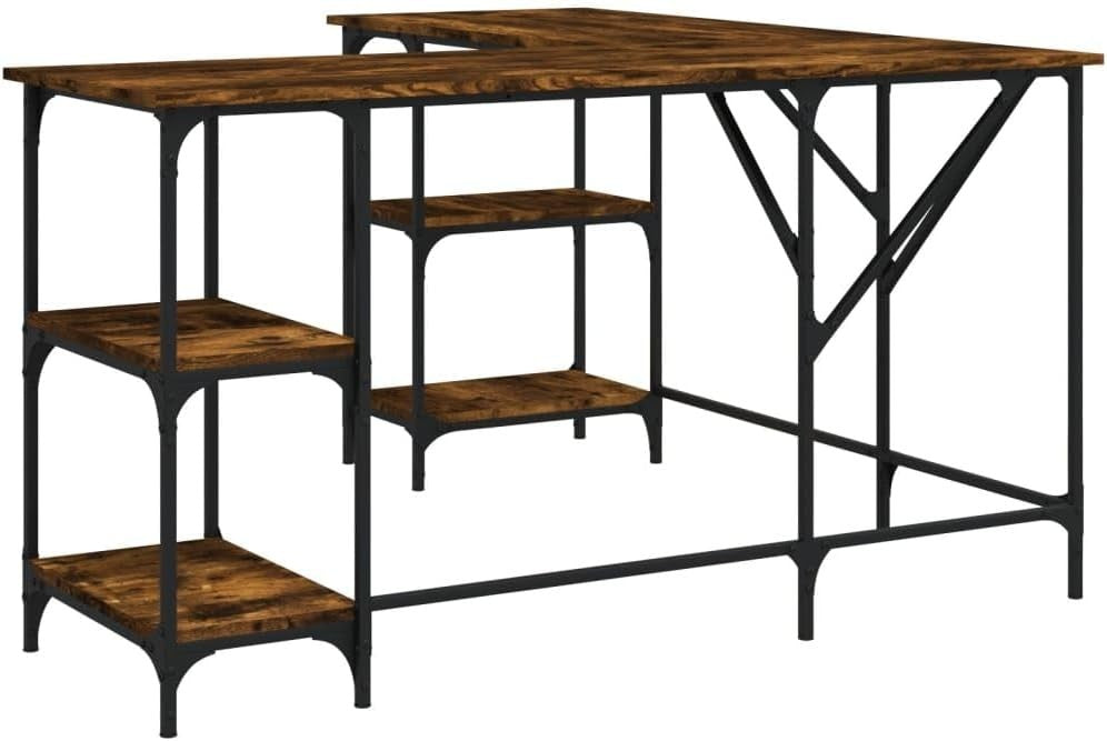 L-Shape Corner Desk with Shelves 139cm Smoked Oak Office Computer Table