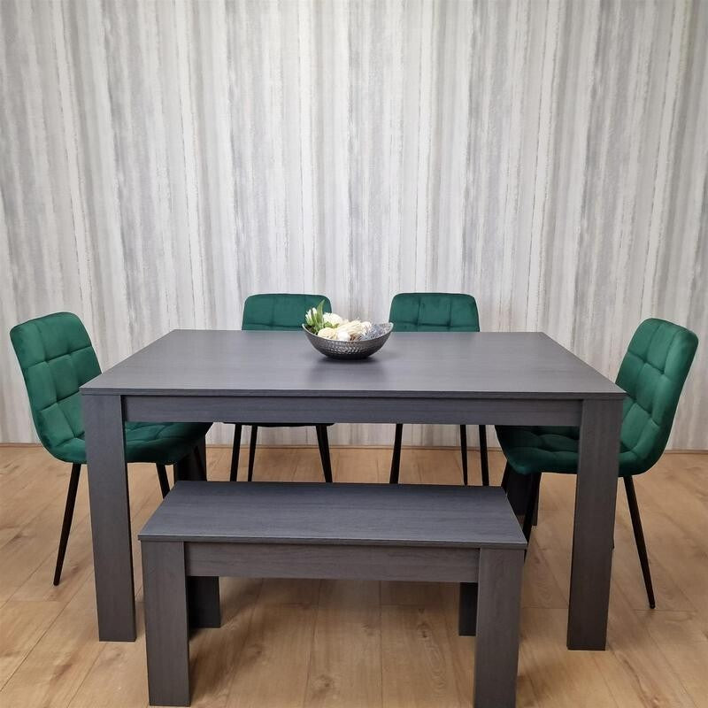Dark Grey Dining Table Set with 4 Green Chairs & Bench, 6 Seater Kitchen