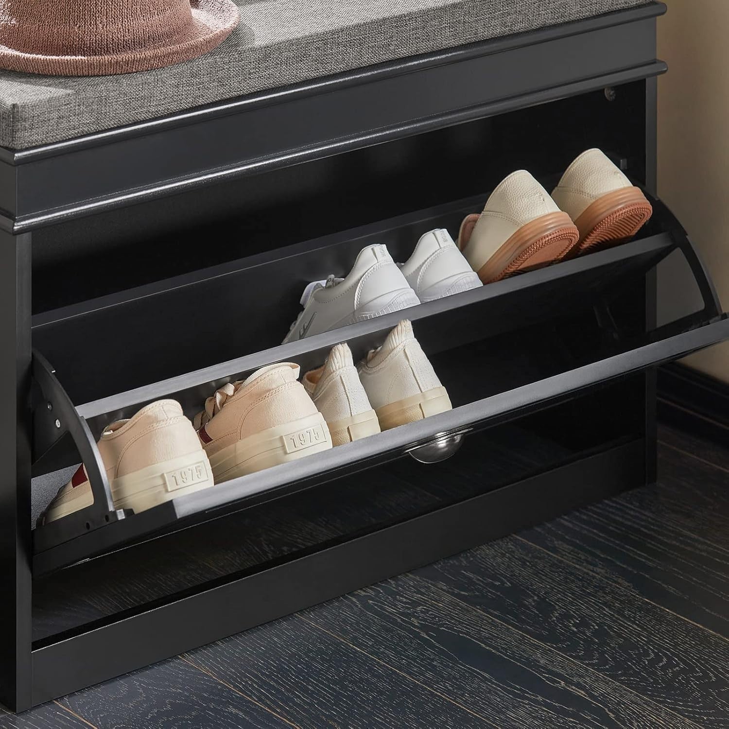 Compact Shoe Storage Bench with Cushion & Flip Drawer, 2-Tier Rack, 150kg Load