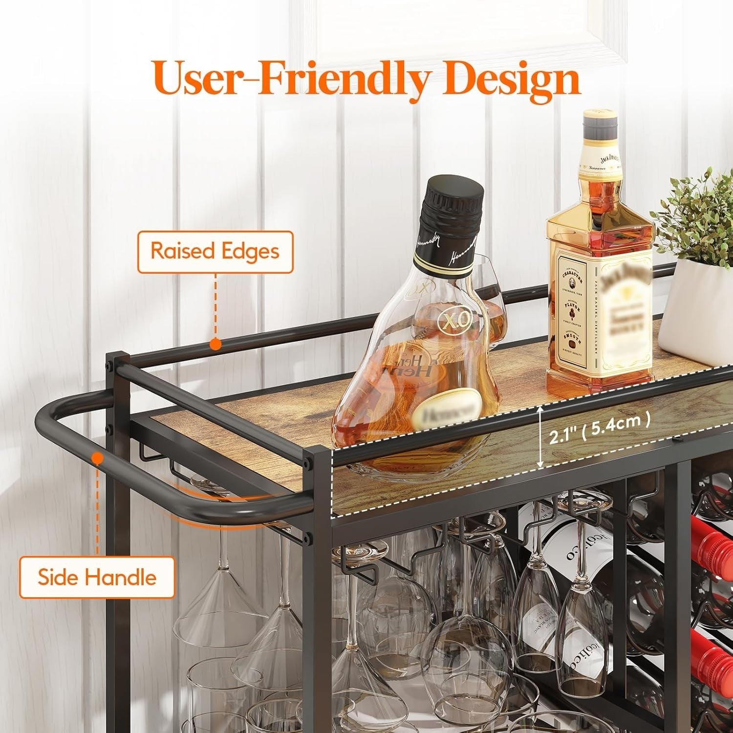 3 Tier Bar Cart Drinks Trolley with Wine Rack & Glass Holder Rustic Serving Unit