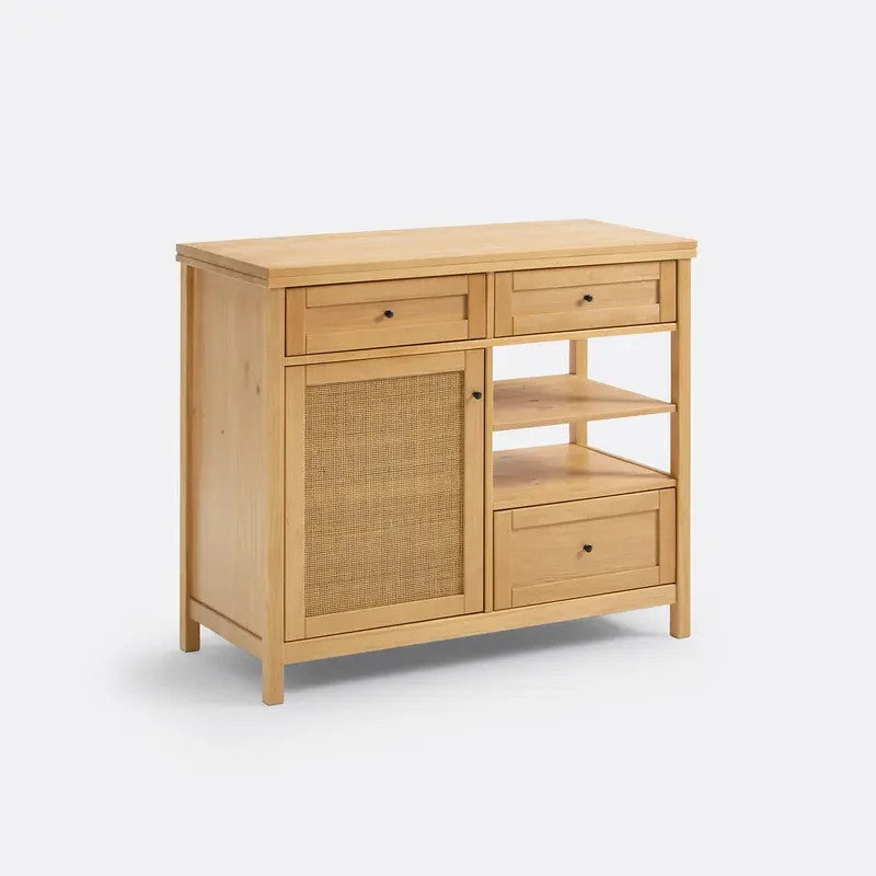 Solid Pine & Rattan Storage Cabinet with Drawers & Shelves