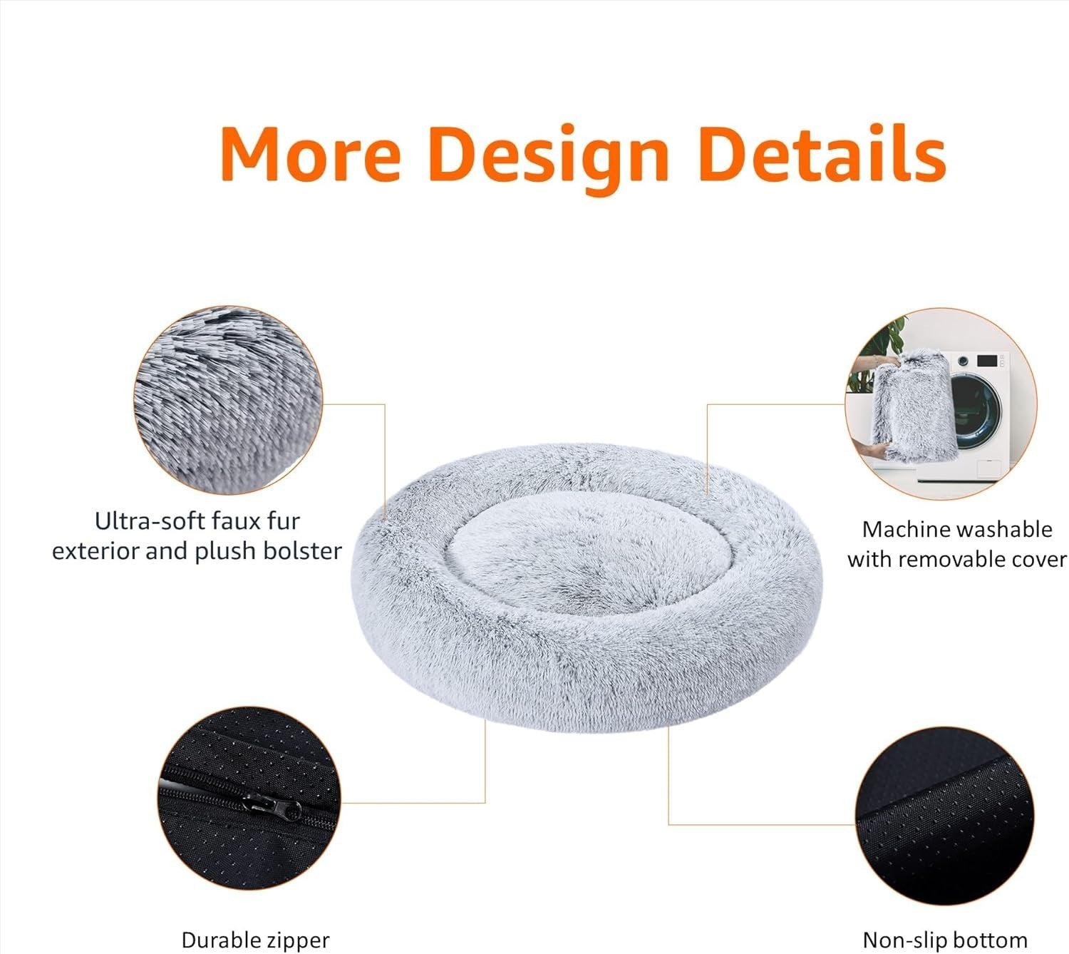 Large Plush Donut Dog Bed 91cm Faux Fur Washable Grey