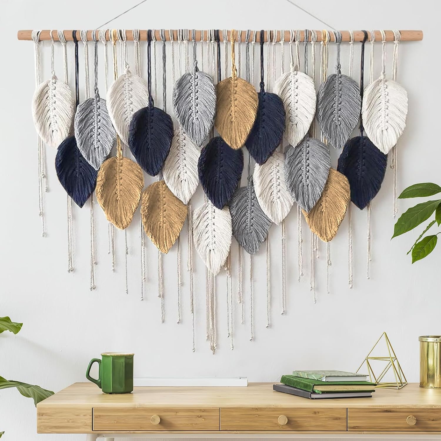 Large Boho Macrame Wall Hanging Leaf Woven Handmade Decor Beige