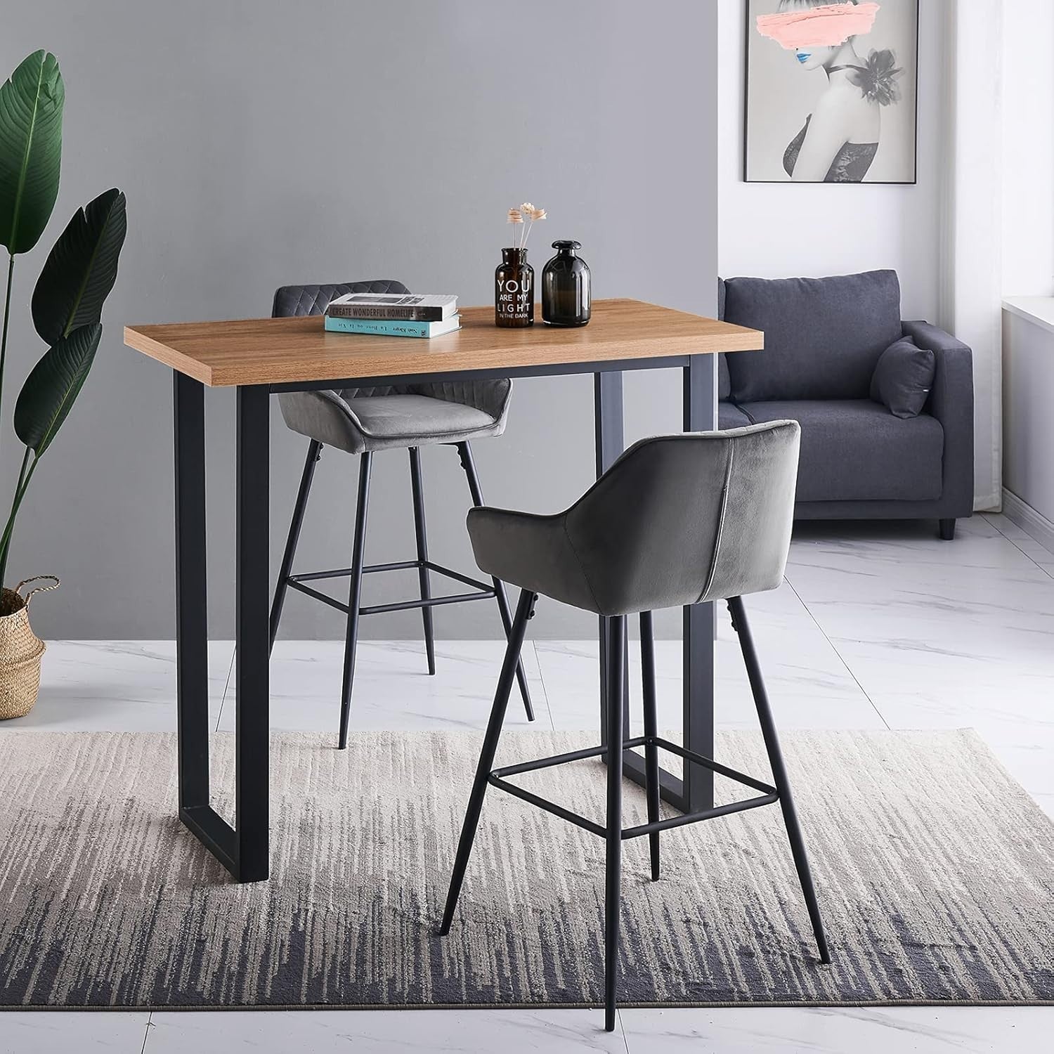 Oak Marble Effect Breakfast Bar Table with Metal Legs – Modern Counter Dining