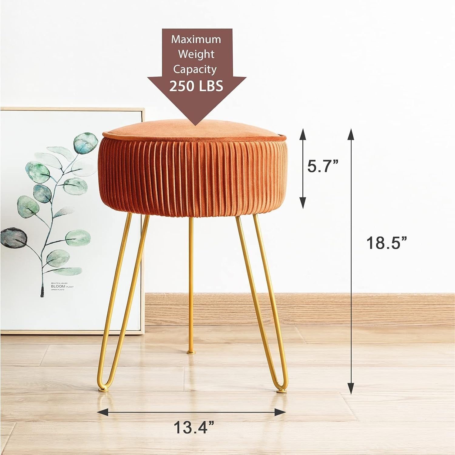 Pumpkin Brown Pleated Velvet Vanity Stool Round Ottoman with Gold Legs