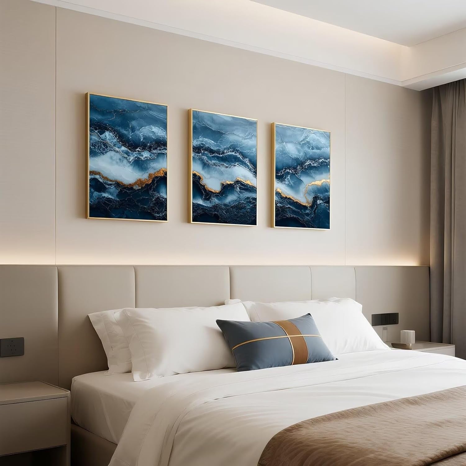 Modern Abstract Wall Art Set of 3 Navy Blue Gold Framed Prints 12x16