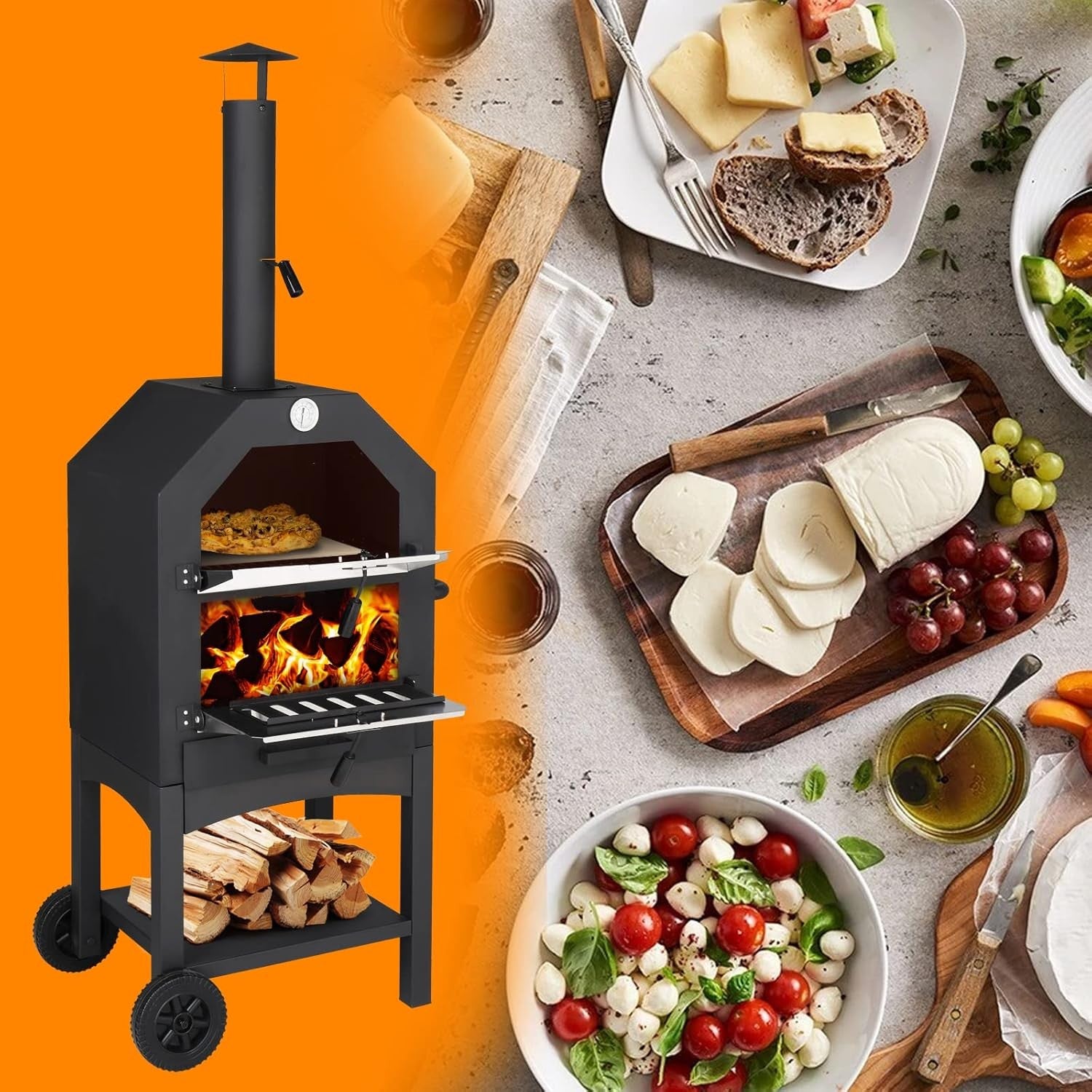 Outdoor Pizza Oven with Chimney | Smoker BBQ Grill Stand & Storage Wheels