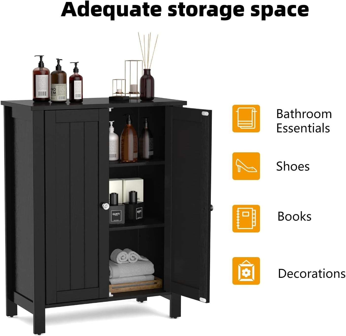 Adjustable Bathroom Floor Cabinet 3-Shelf Storage Organizer 60x30x80cm Black