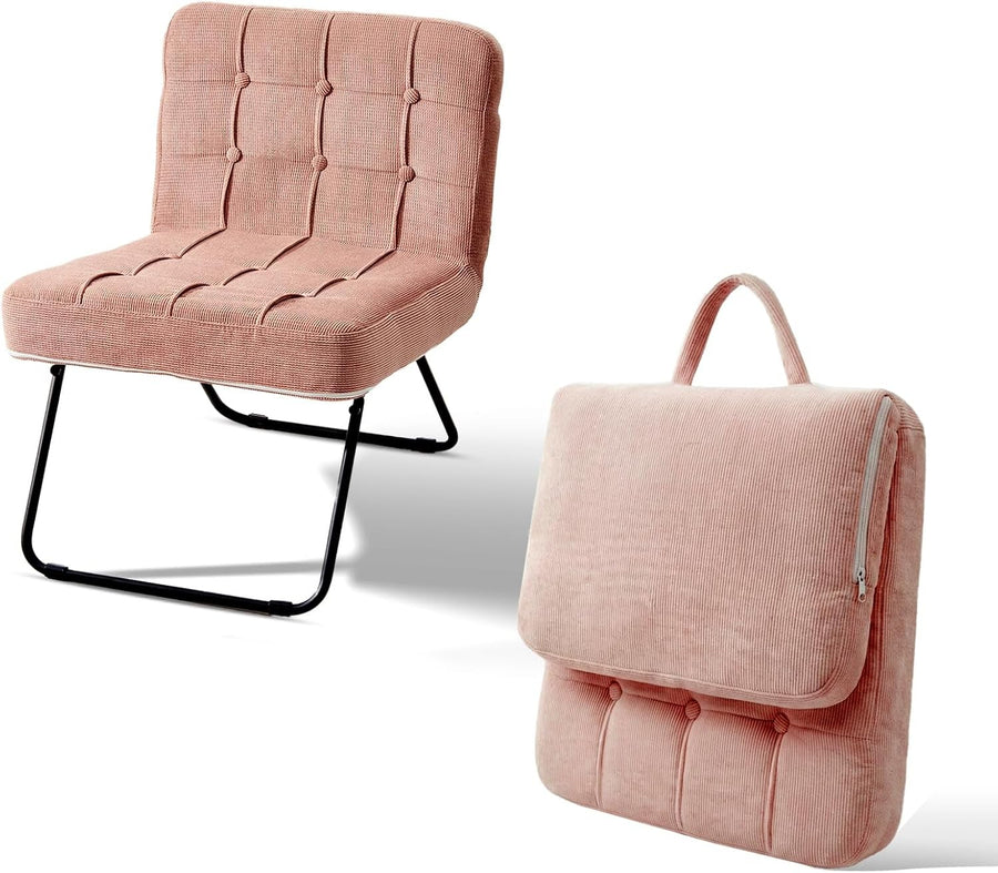 Folding Accent Chair Corduroy Lounge Seat Metal Legs Pink
