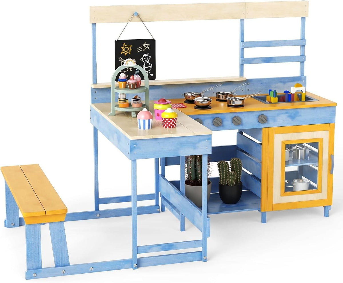 Outdoor Mud Kitchen Kids Playset w/ Picnic Table Blackboard Toys