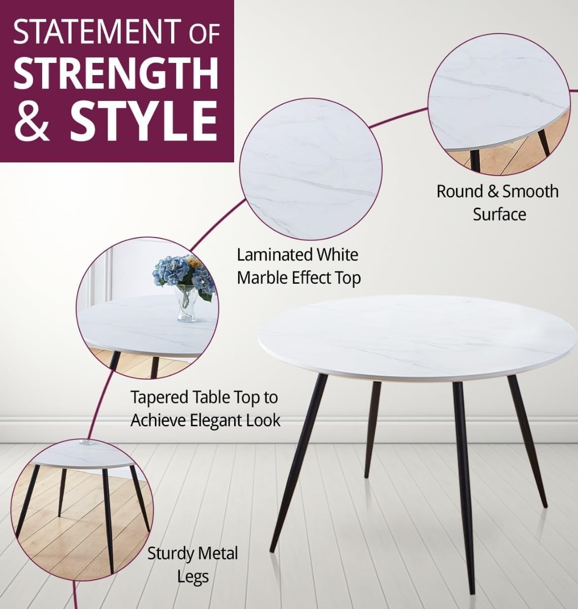 Round Marble Effect Dining Table & 6 Grey Fabric Chairs Set 120cm