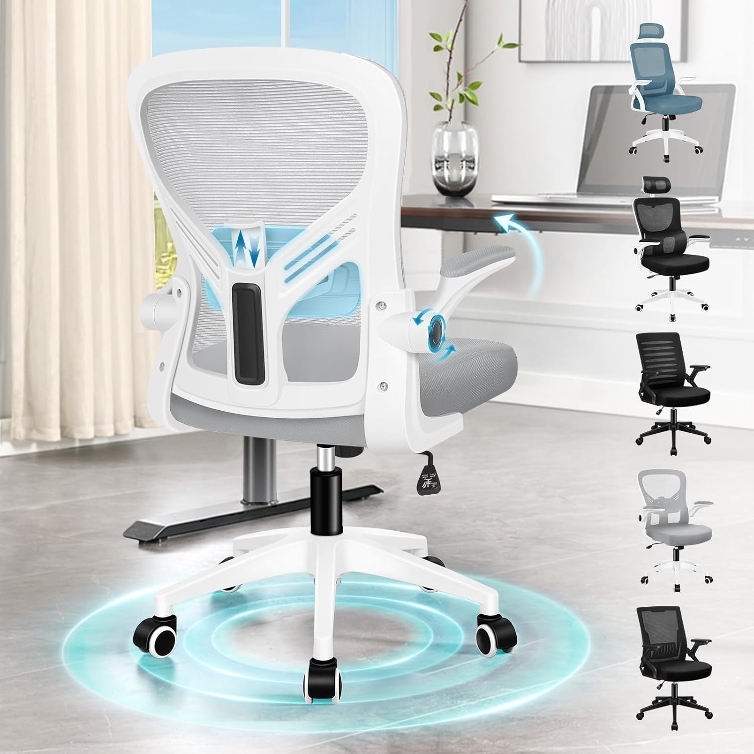 Ergonomic Mesh Office Chair Flip-Up Arms Lumbar Support Mid-Back Desk Seat
