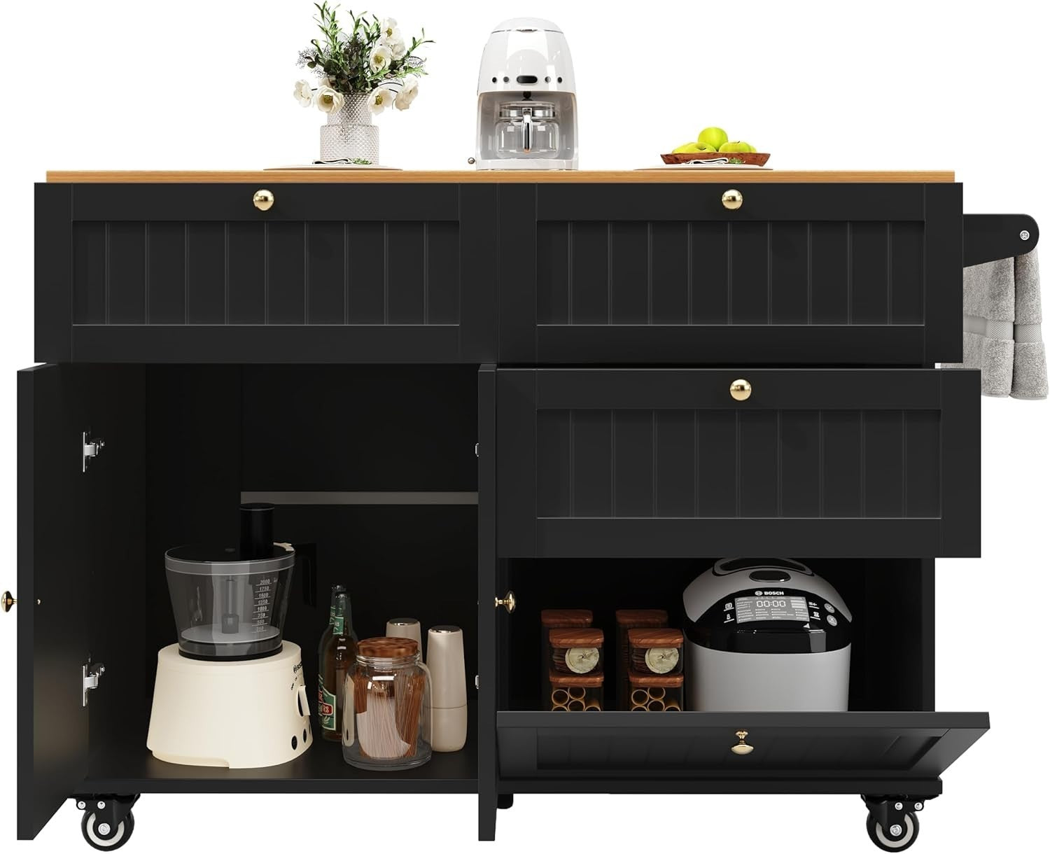 Kitchen Island on Wheels with Drawers & Flip Cabinet, 133cm Black Unit